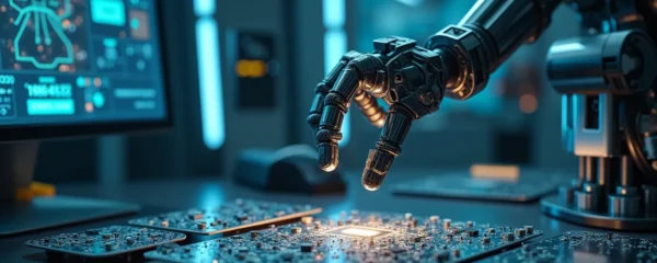 Conceptual illustration of rapid PCB prototyping powering advanced robotics and automation