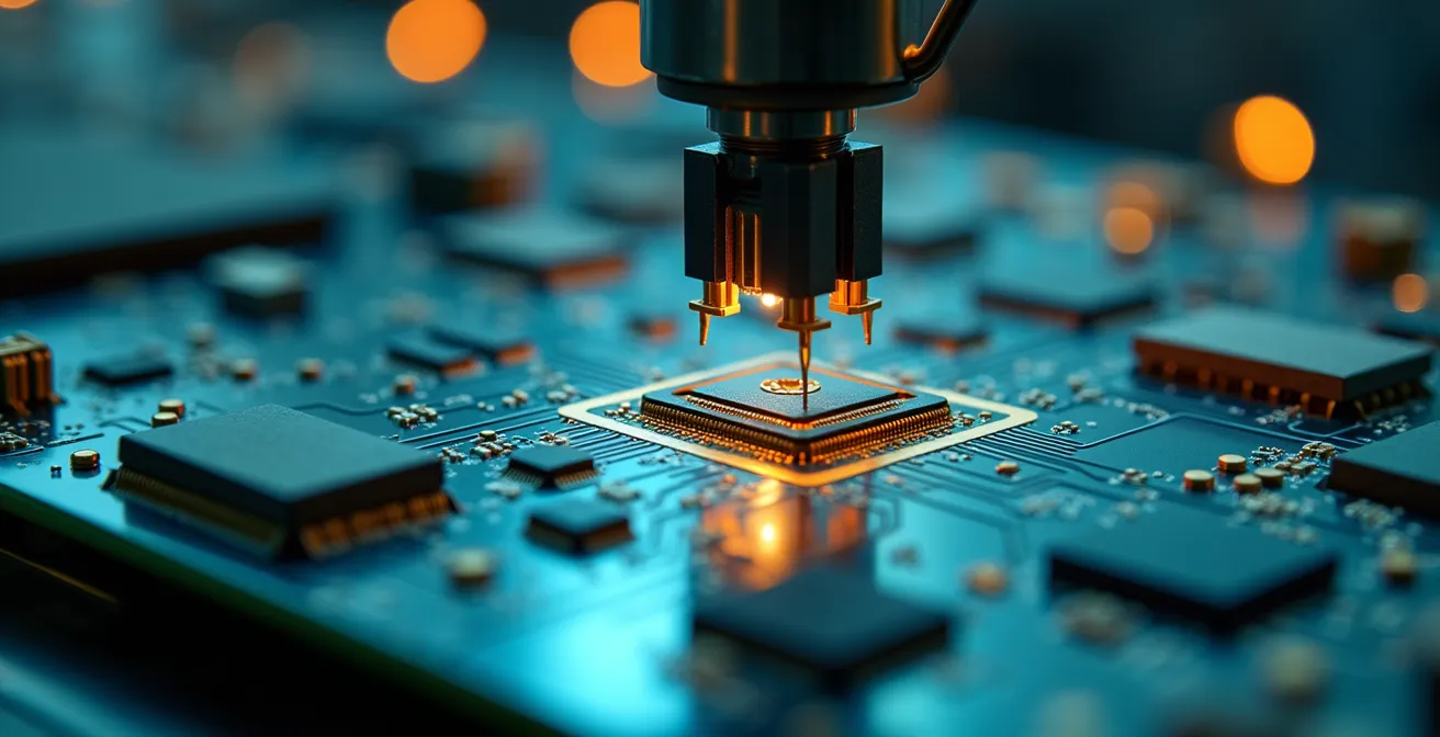 Close-up concept image of a multi-layer PCB prototyping with robotics components