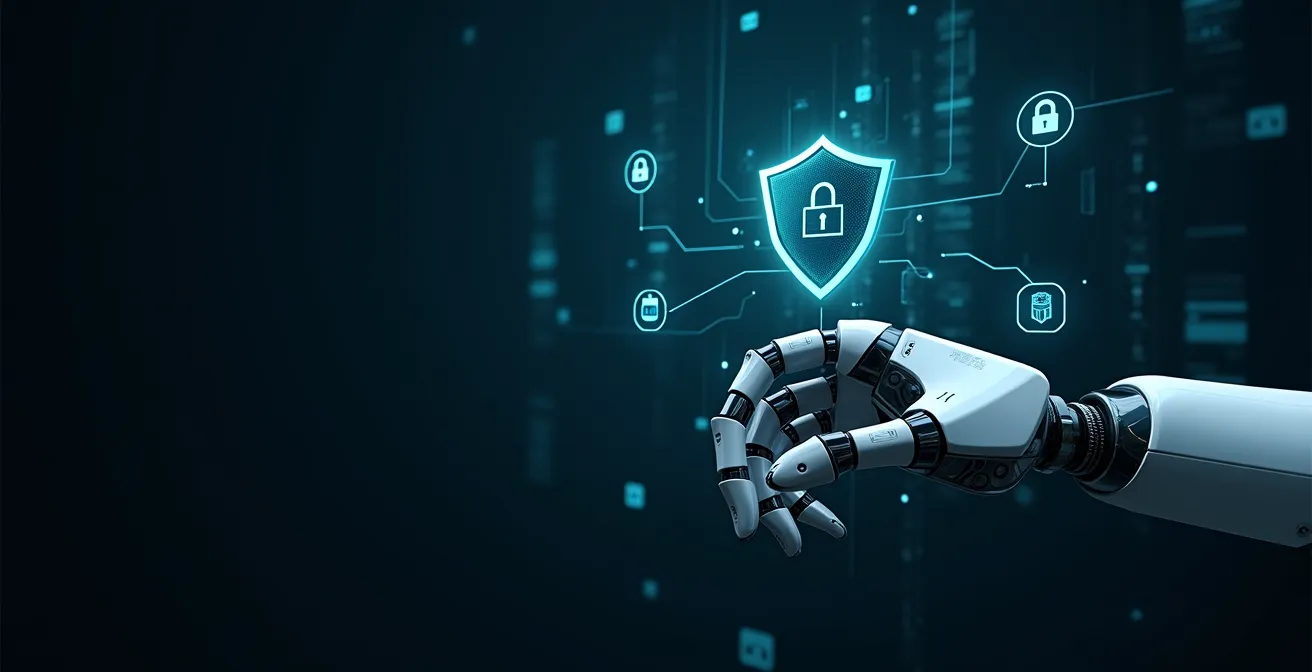 Conceptual image showing cybersecurity features integrated in robotic control systems